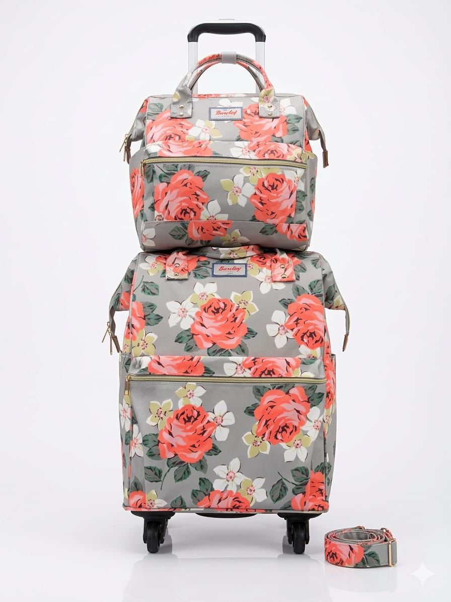 Grey Floral Trolley Bag Set
